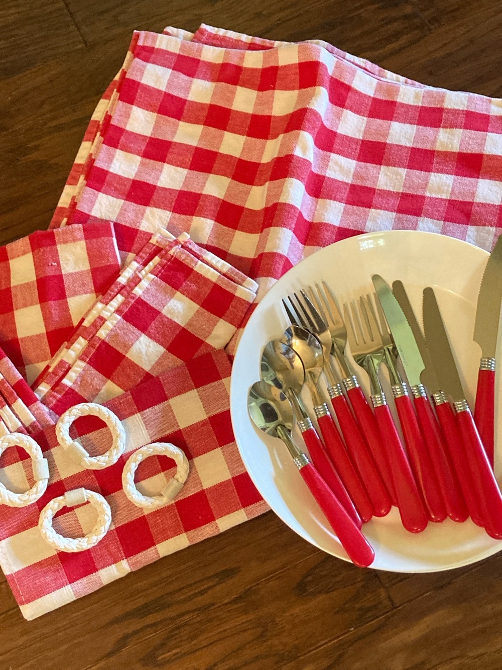Red & White Gingham Napkin & Tablecloth Set with Red Handle Flatware